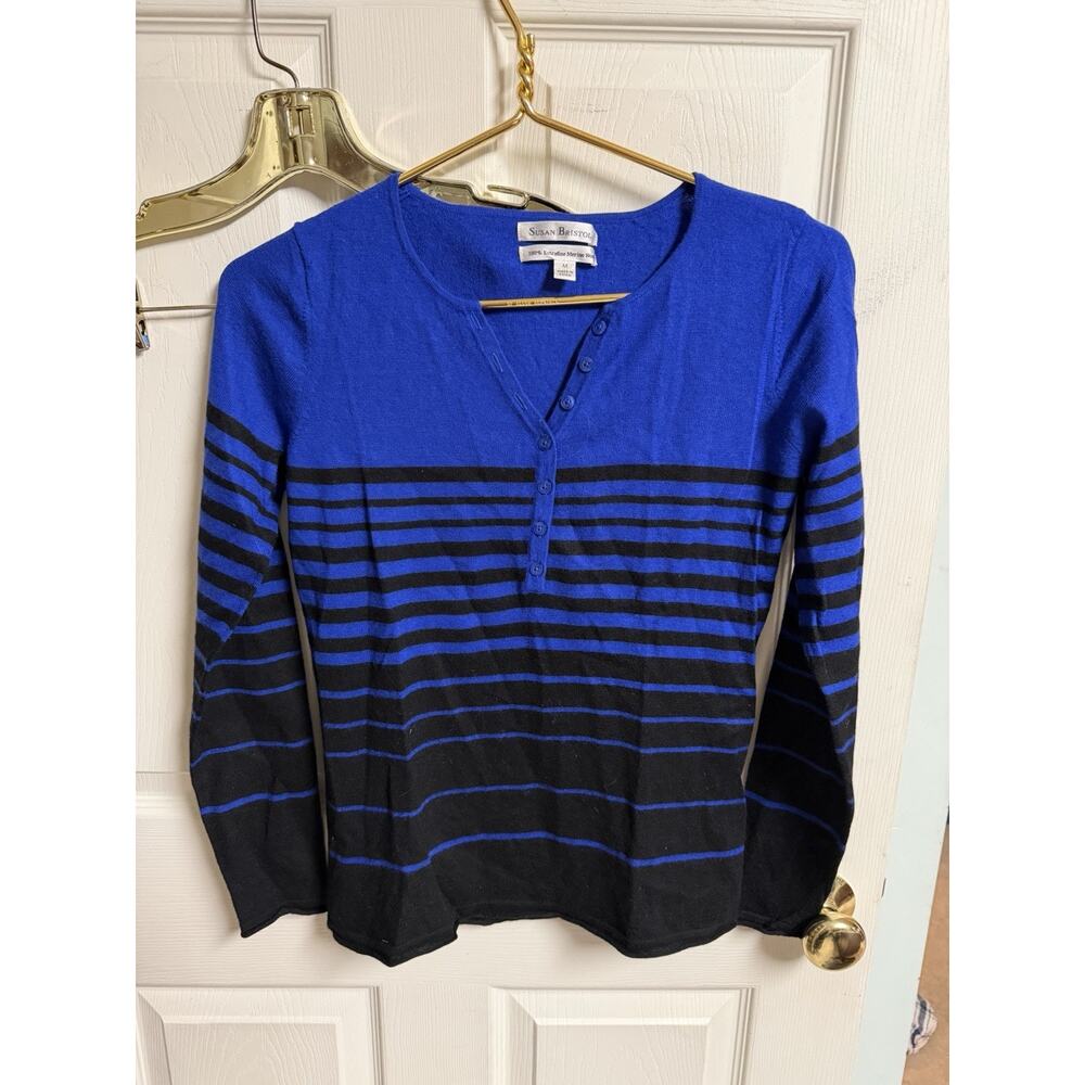 Susan Bristol 100% Merino Wool Blue Striped Half Button Sweater Med 36 Striped